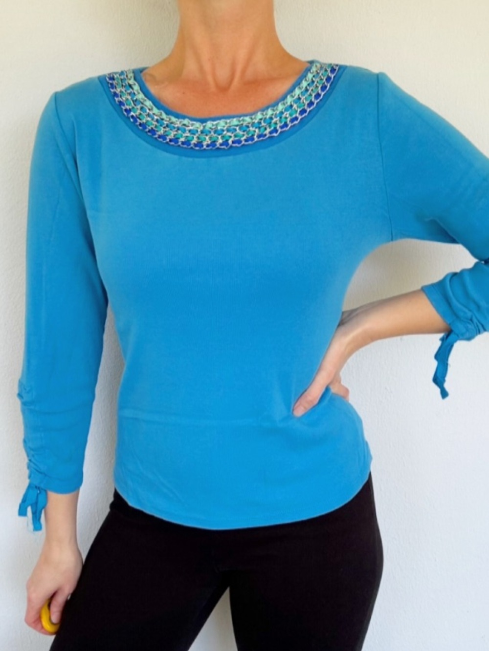 Rafaella blue metallic silver chain woven ribbon neckline cinch sleeve top PM